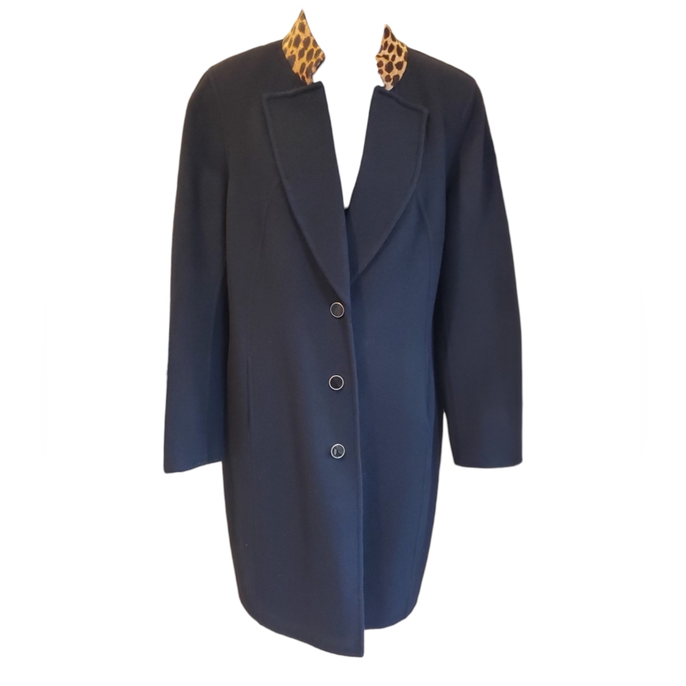 Saint John Long Black Jacket Wool & Rabit Hair, Calf Hair Collar Cheeta Print 16